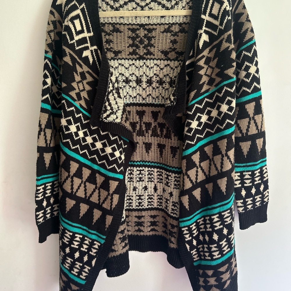 Active USA Black and Brown Cardigan Sweater with Geometric Design